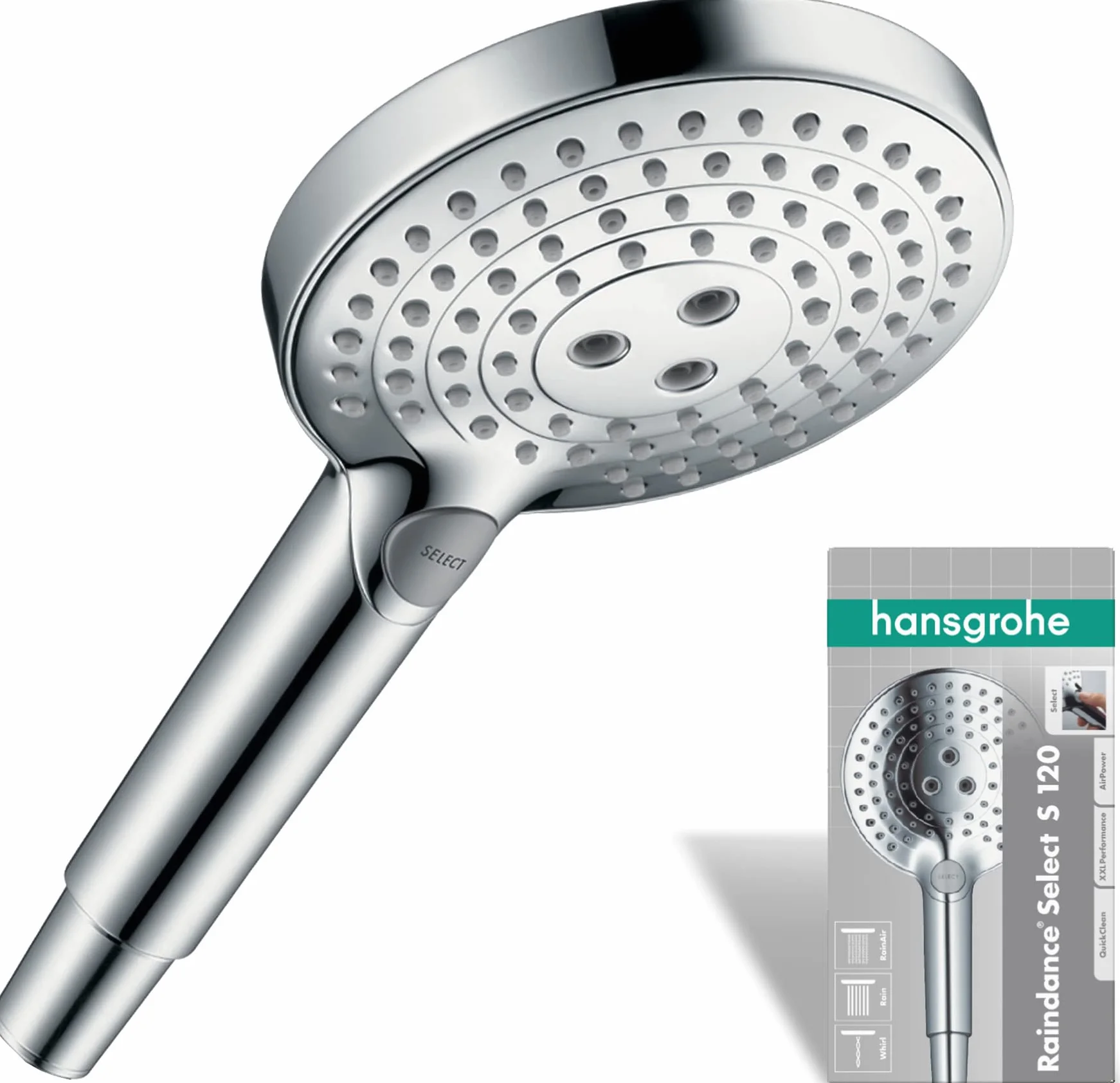 hansgrohe Raindance Select S Głowica prysznicowa 120, Słuchawka Prysznicowa z 3-strumieniowa, chrom, 26530000