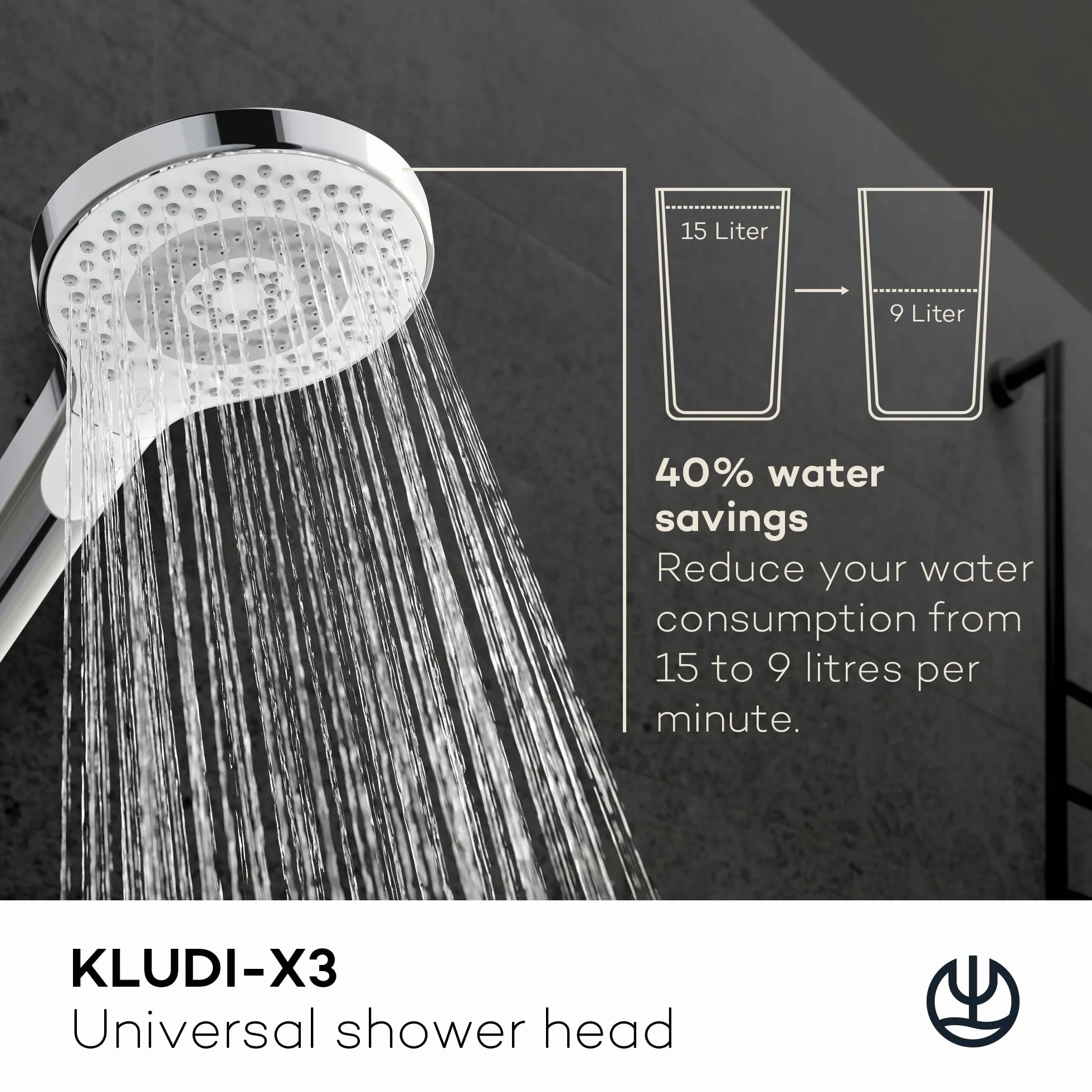 KLUDI -X3 uniwersalna słuchawka prysznicowa, oszczędzająca wodę, 3 rodzaje strumienia (body, włosy, skóra), łatwa w czyszczeniu głowica prysznicowa Ø 11,7 cm, chromowana