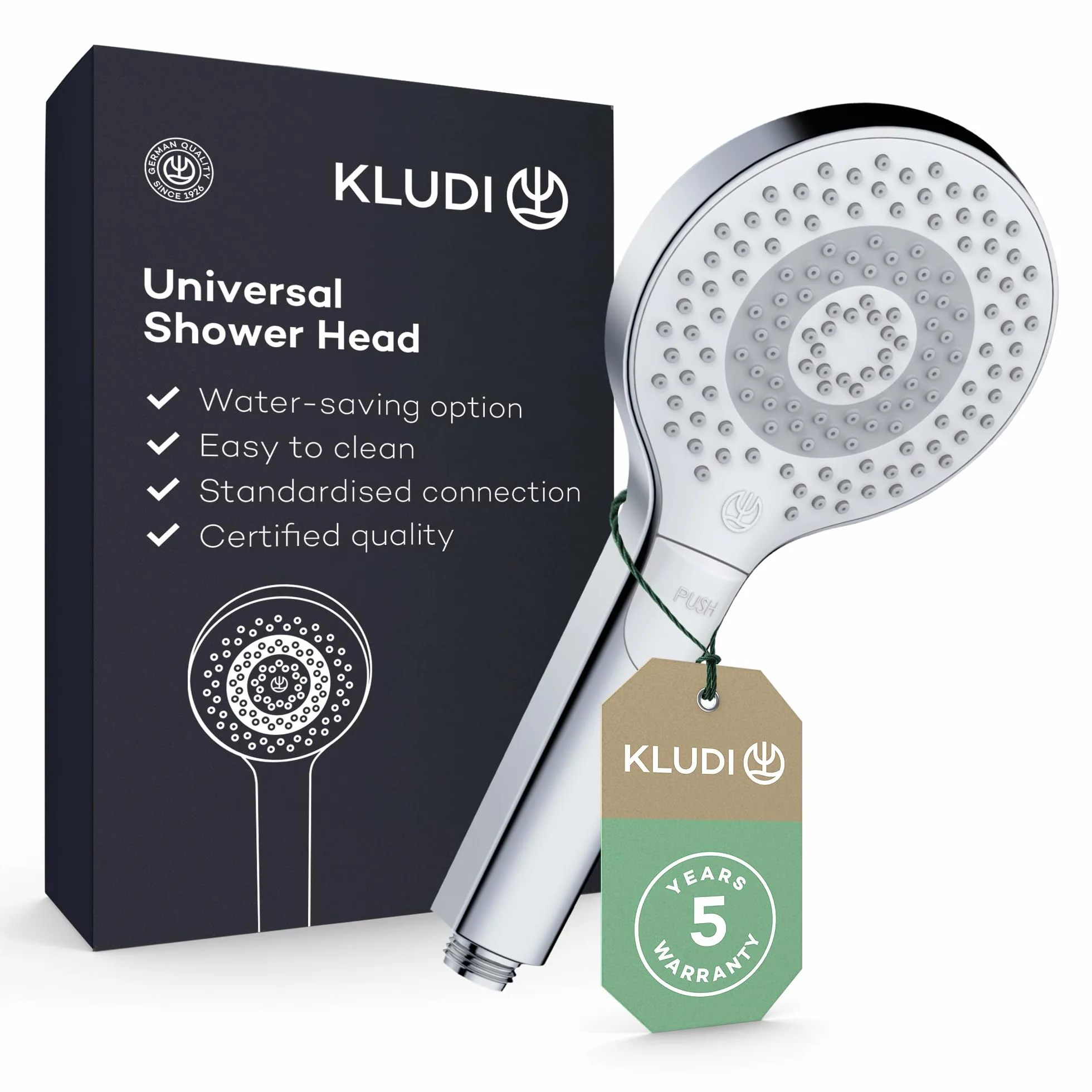 KLUDI -X3 uniwersalna słuchawka prysznicowa, oszczędzająca wodę, 3 rodzaje strumienia (body, włosy, skóra), łatwa w czyszczeniu głowica prysznicowa Ø 11,7 cm, chromowana