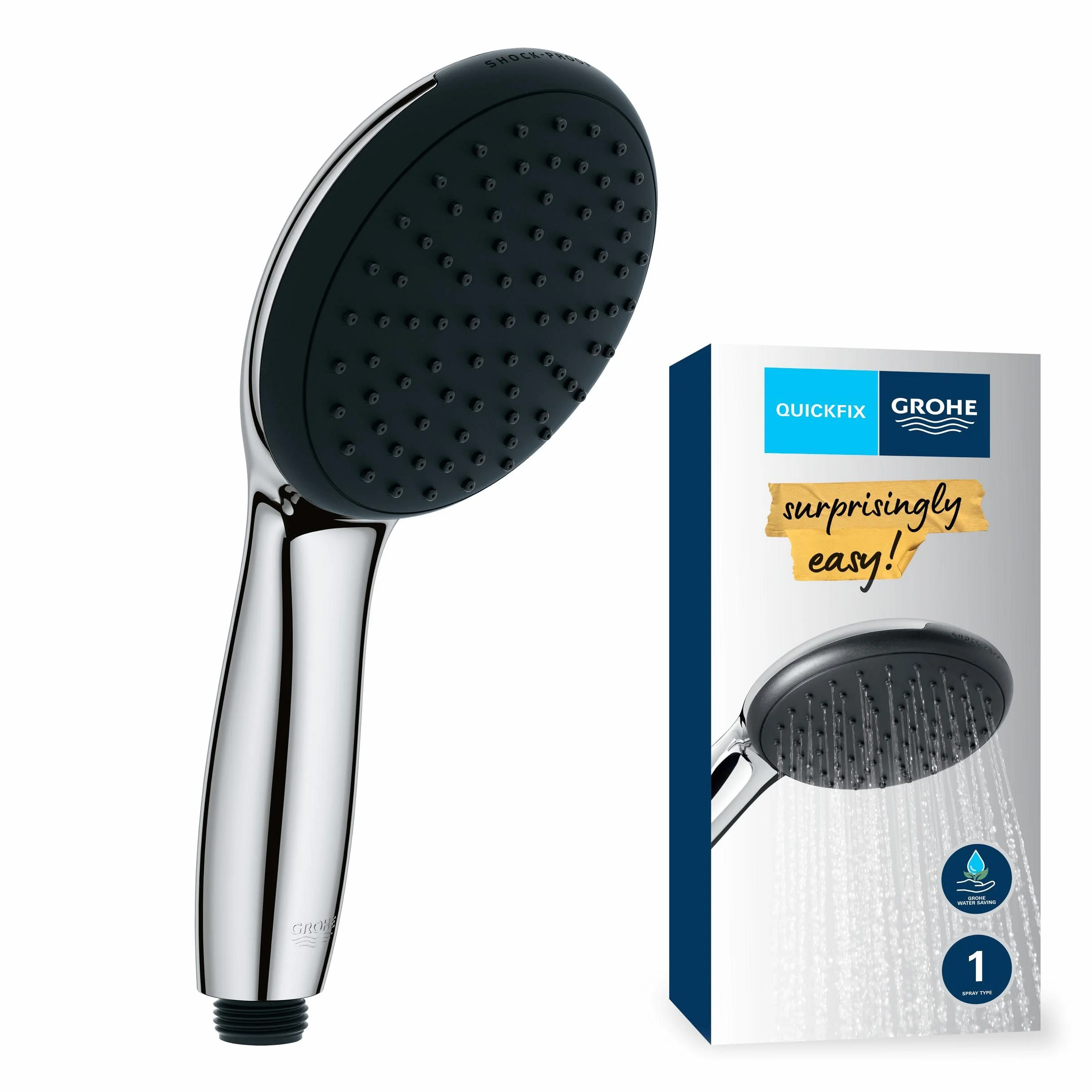 Grohe Vitalio 27940001 słuchawka prysznicowa, oszczędzająca wodę 9 l na min (1 rodzaj strumienia, standardowe przyłącze, silikonowy pierścień chroni przed upadkiem), okrągła, chromowana