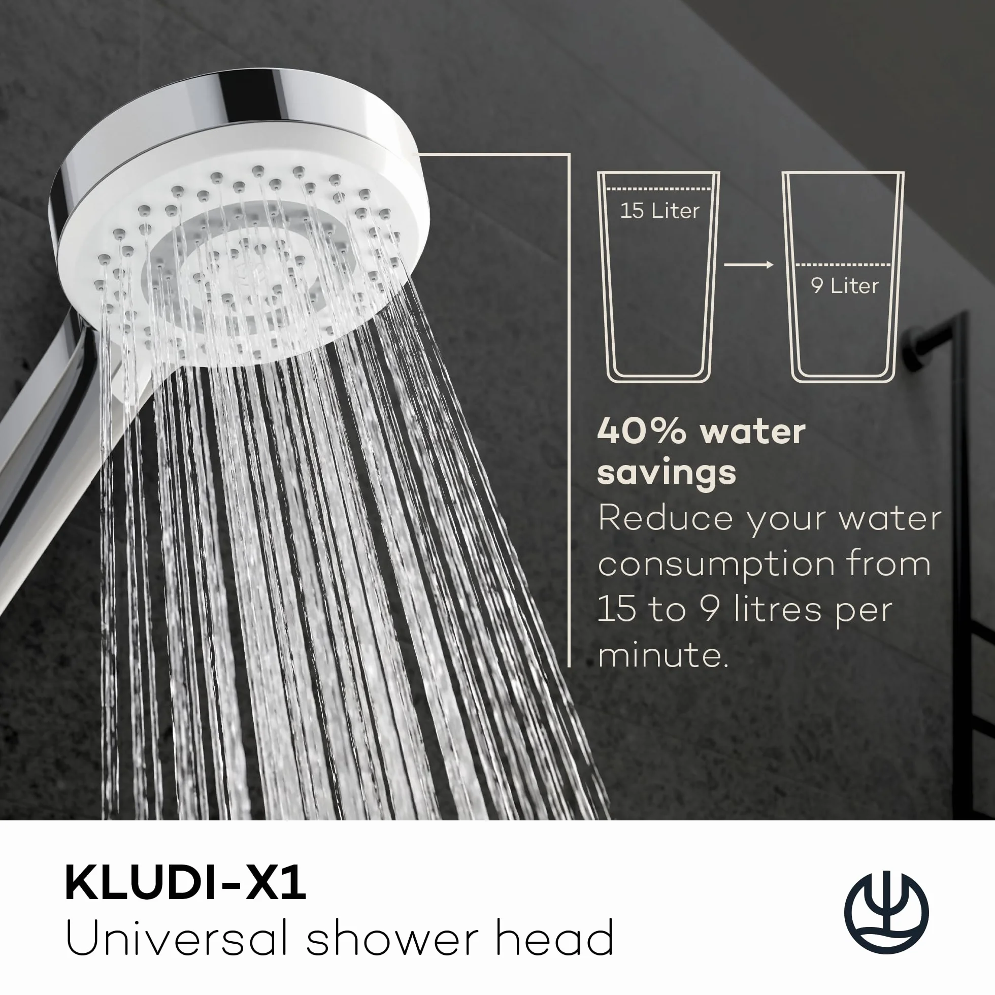 KLUDI - X1 uniwersalna słuchawka prysznicowa z wężem, opcjonalnie oszczędzająca wodę z 3 rodzajami strumienia (body, włosy, skóra), łatwa w czyszczeniu głowica prysznicowa Ø 10,7 cm, wąż prysznicowy