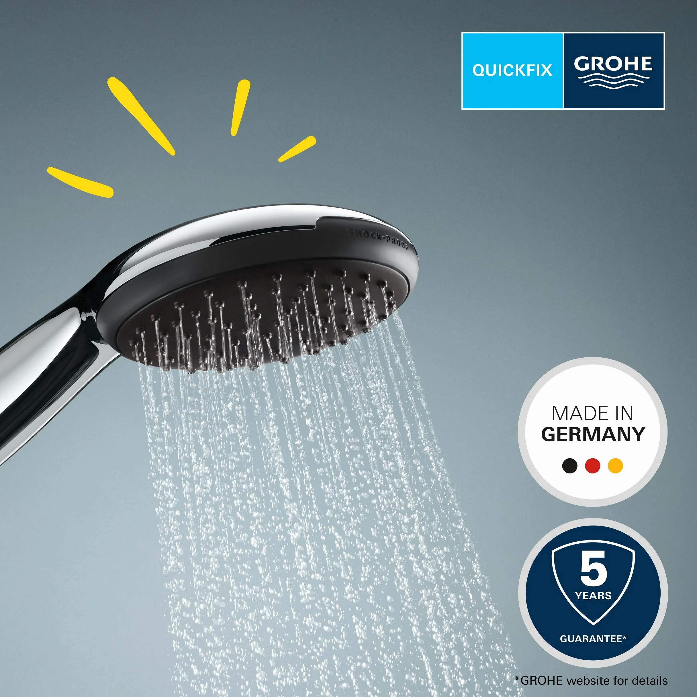 GROHE Vitalio 110 – zestaw prysznicowy oszczędzający wodę – 8 l na min (1 rodzaj strumienia, standardowe przyłącze, pierścień silikonowy chroni w razie upadku, z wężem prysznicowym 150 cm), okrągły,
