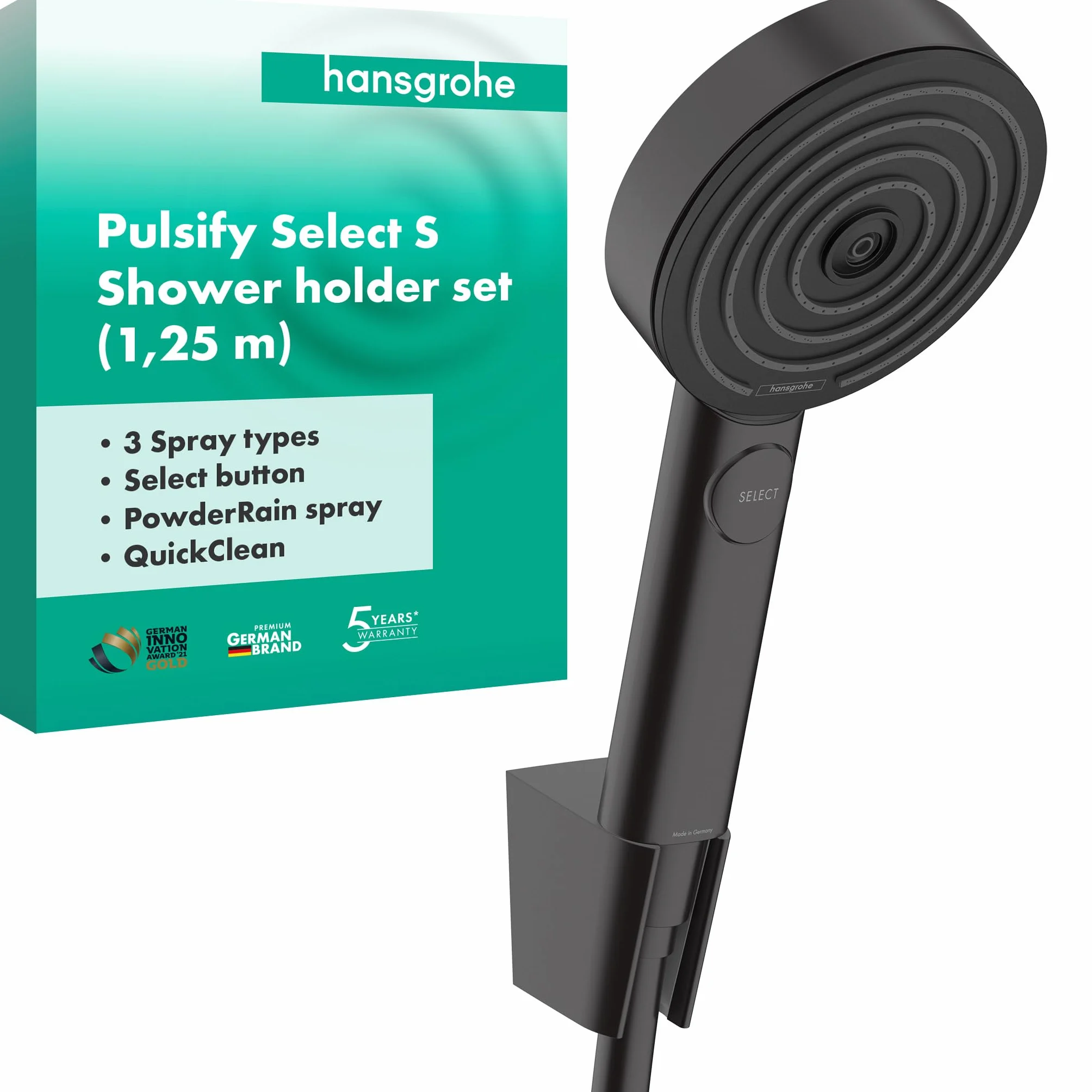 hansgrohe Pulsify Select S Punktowy zestaw prysznicowy 105 3-strumieniowa Relaxation z wężem 125 cm, czarny matowy, 24302670