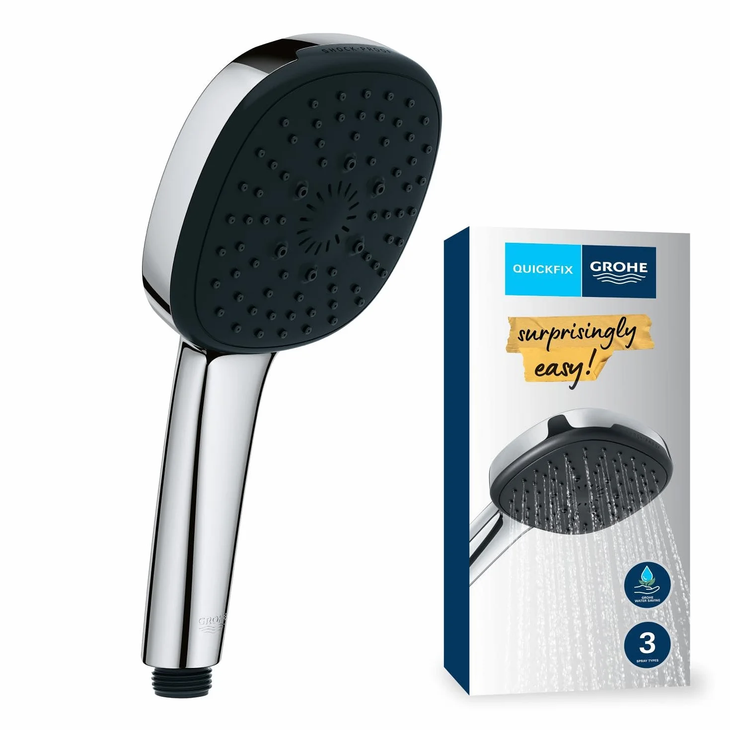 GROHE Vitalio Comfort 110 - słuchawka prysznicowa (kwadratowa głowica prysznicowa 11 cm, 3 spraye: deszcz, strumień i masaż, system zapobiegający osadzaniu się kamienia, silikonowa ochrona