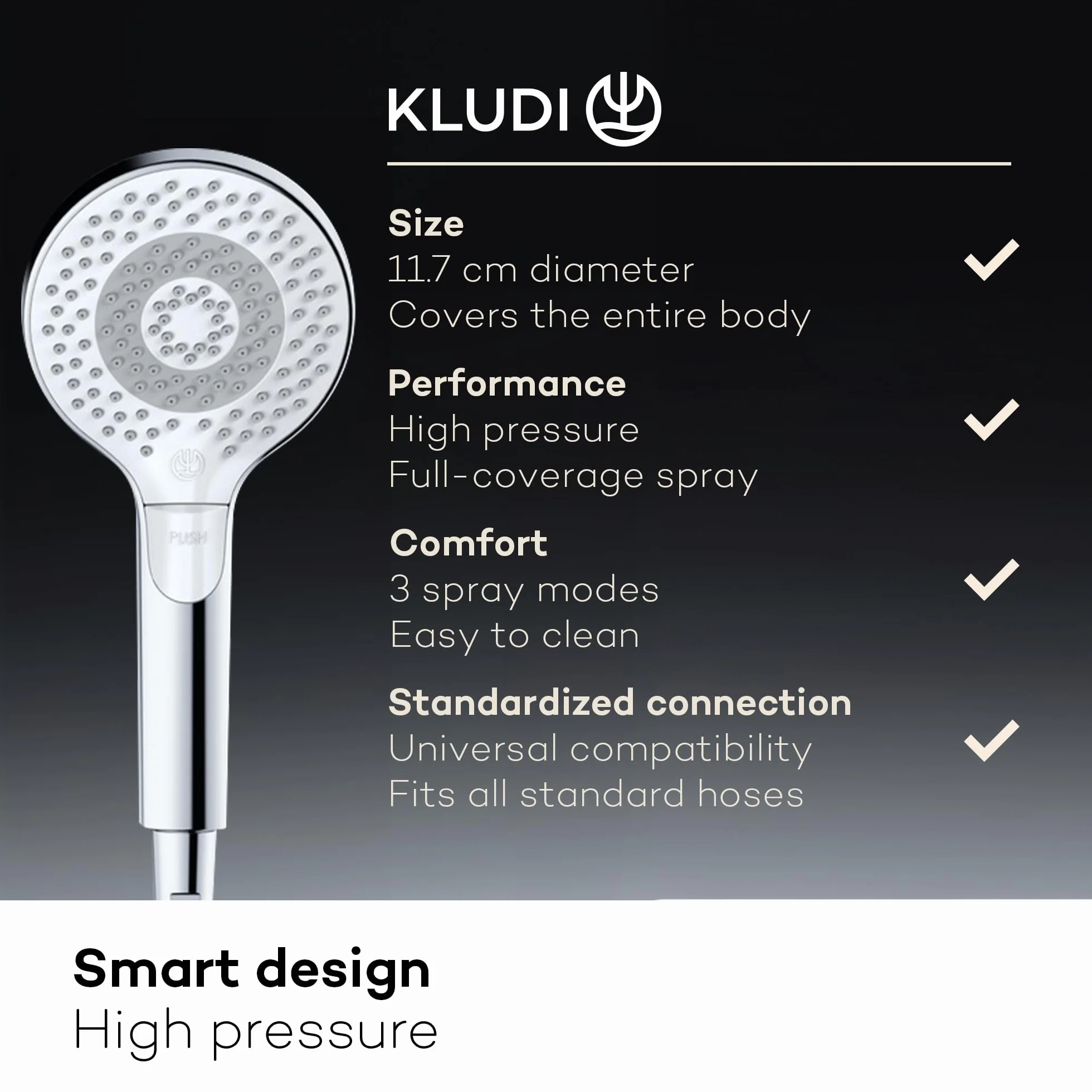 KLUDI -X3 uniwersalna słuchawka prysznicowa, oszczędzająca wodę, 3 rodzaje strumienia (body, włosy, skóra), łatwa w czyszczeniu głowica prysznicowa Ø 11,7 cm, chromowana