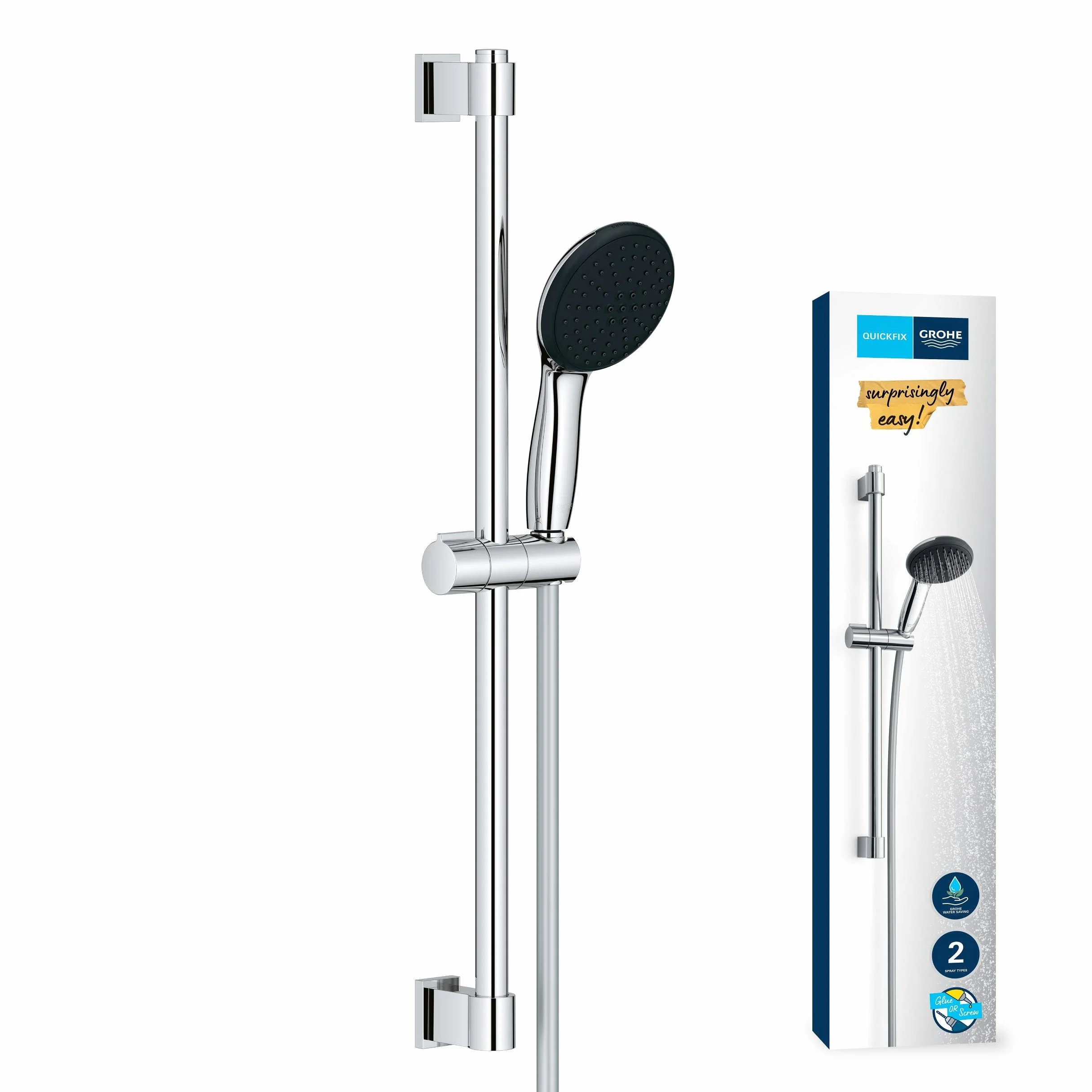 GROHE Vitalio 110, zestaw prysznicowy oszczędzający wodę, 8 l na min (zestaw drążków prysznicowych: 2 rodzaje strumienia, wąż 1,75 m, drążek prysznicowy 60 cm, do klejenia lub wiercenia, bez kleju