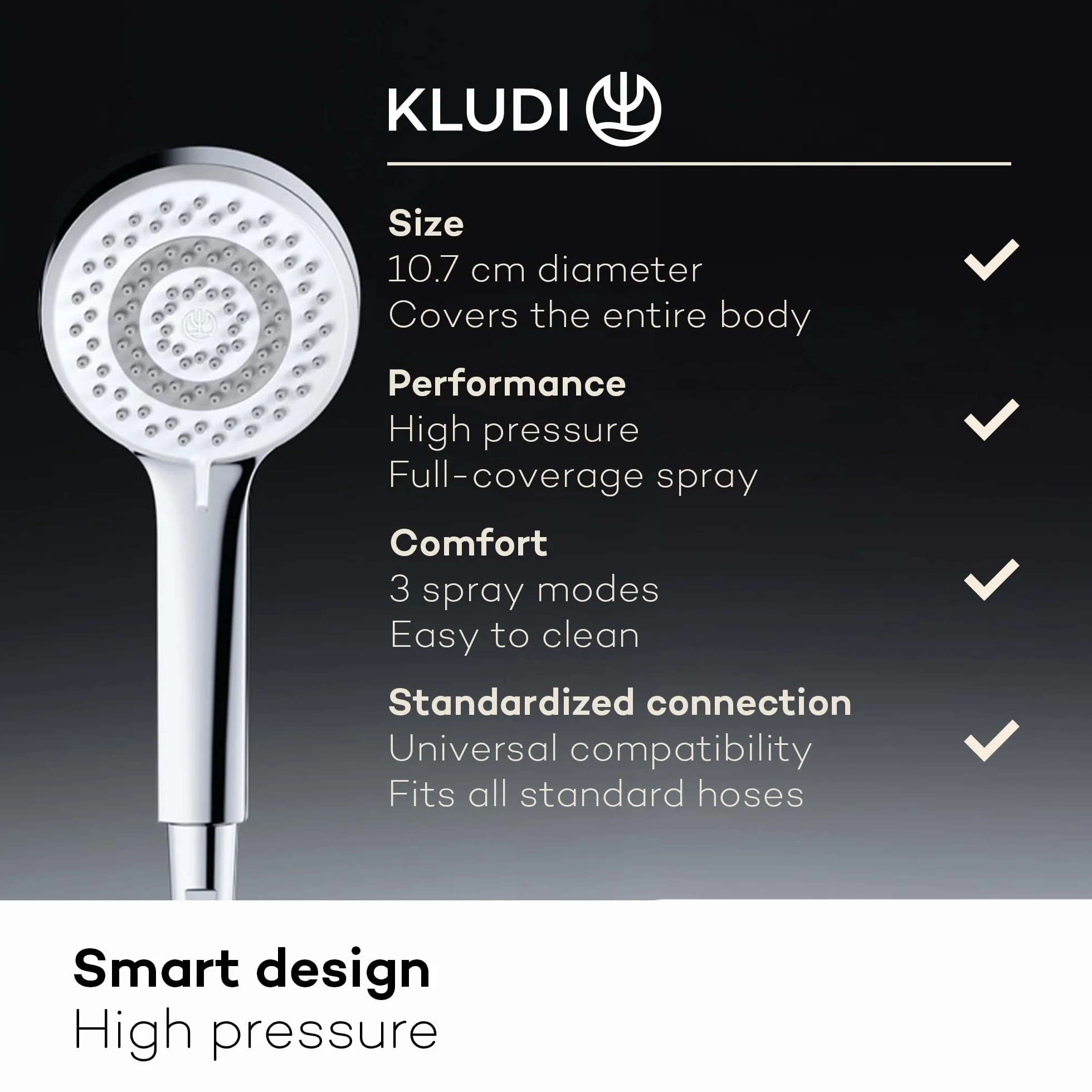 KLUDI - X1 uniwersalna słuchawka prysznicowa z wężem, opcjonalnie oszczędzająca wodę z 3 rodzajami strumienia (body, włosy, skóra), łatwa w czyszczeniu głowica prysznicowa Ø 10,7 cm, wąż prysznicowy