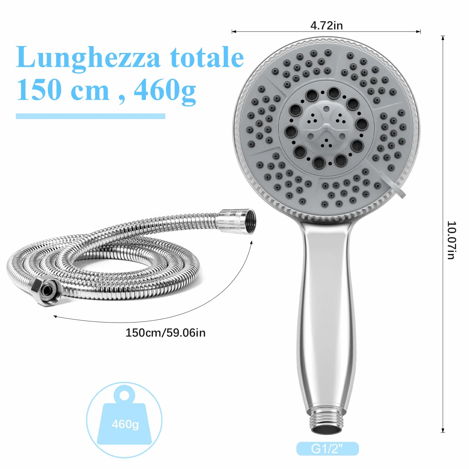 Vinabo Głowica prysznicowa + 1.5m elastyczna rura stalowa, 5 funkcji odlewów, Wielofunkcyjny pod wysokim ciśnieniem, ABS Chrome Spray, Antykalne, z Dyszą