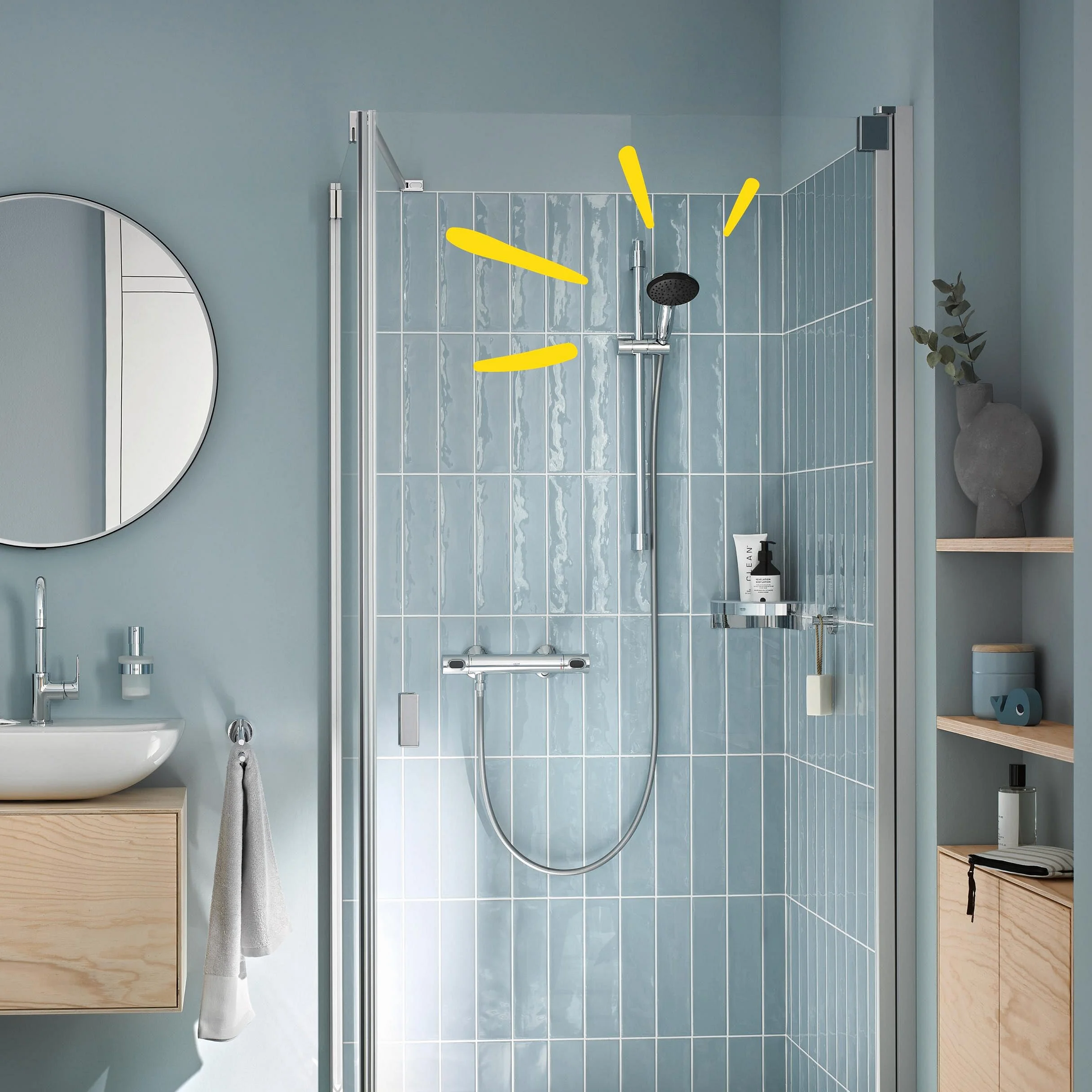 GROHE Vitalio 110 – zestaw prysznicowy oszczędzający wodę – 8 l na min (1 rodzaj strumienia, standardowe przyłącze, pierścień silikonowy chroni w razie upadku, z wężem prysznicowym 150 cm), okrągły,