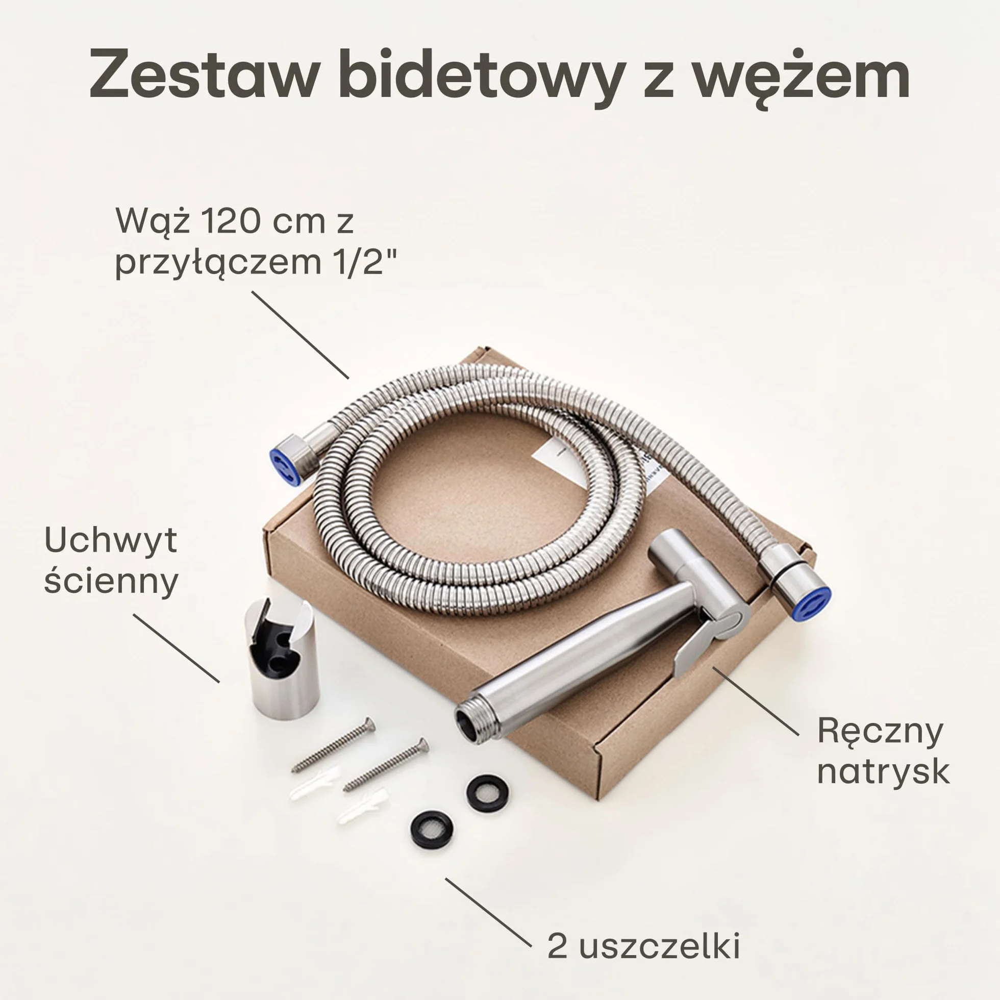 Zestaw bidetowy z rączką prysznicową, wężem 120 cm i uchwytem – Stal nierdzewna – Do standardowego przyłącza G1/2 – Łatwy montaż